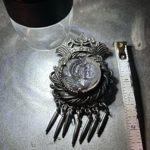 Vintage FLORENZA Slag Glass Intaglio Gunmetal Tassel Brooch Pin Pendant CAMEO